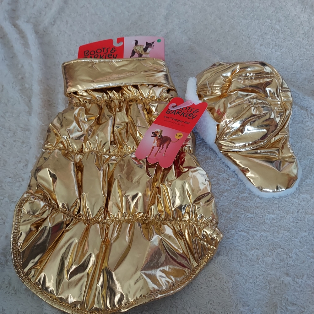 Boots & Barkley Large Chic Gold Dog Puffer Jacket Vest and Hat Outfit